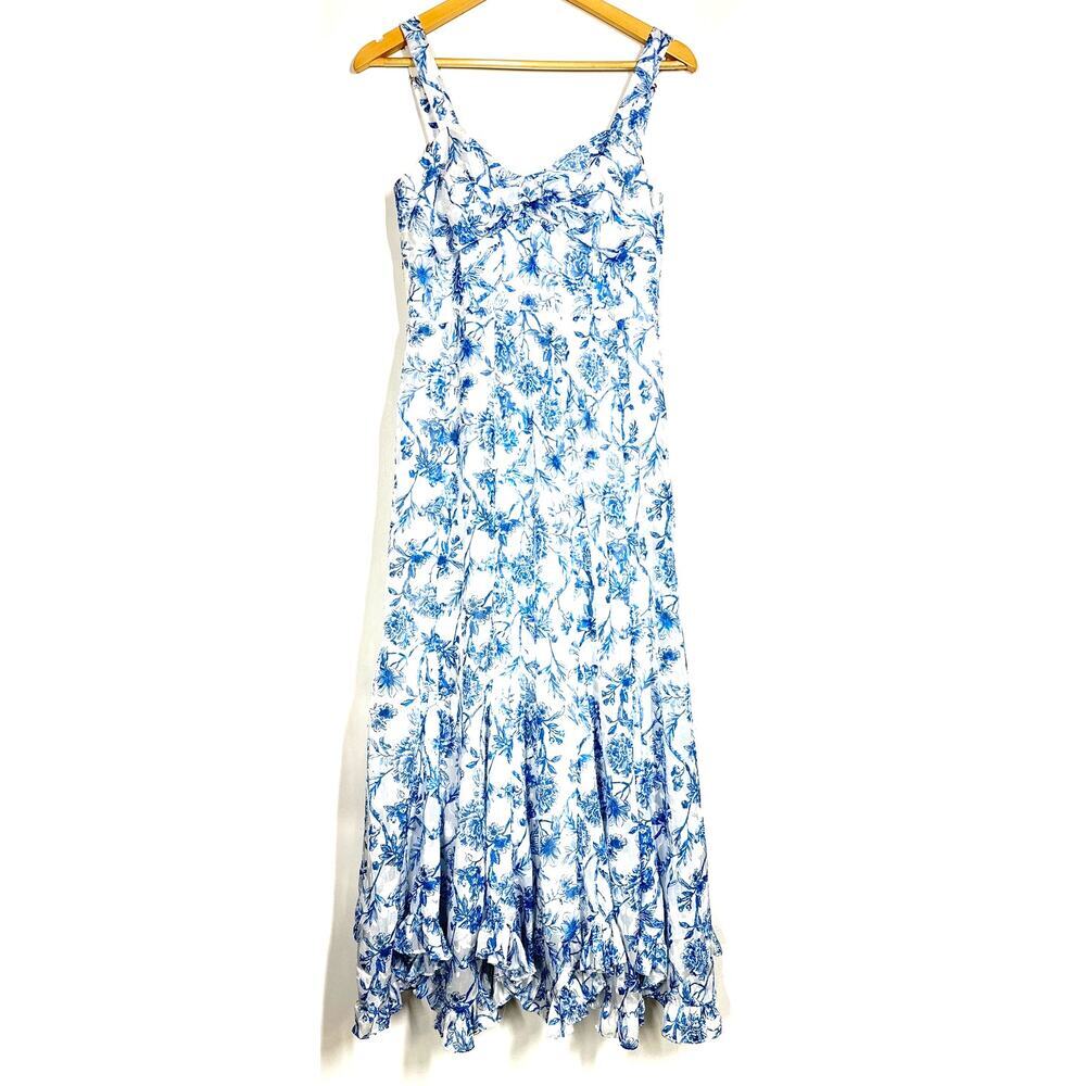 Hutch Sophie Dress Floral Print Sleeveless Ruffle Midi A-Line Blue & White L - Picture 2 of 6